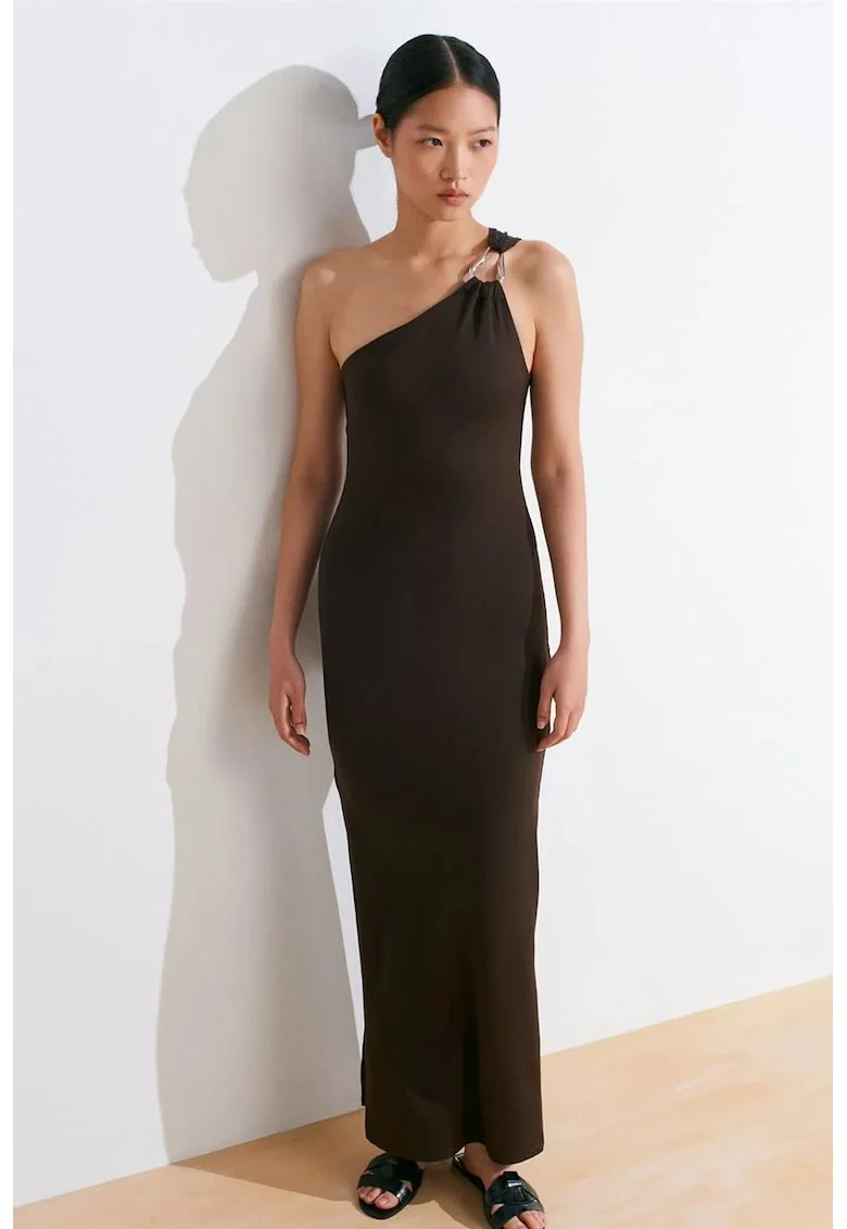 Rochie Maxi Asimetrica,  Eleganta, Negru, 93% nailon, 7% elastan
