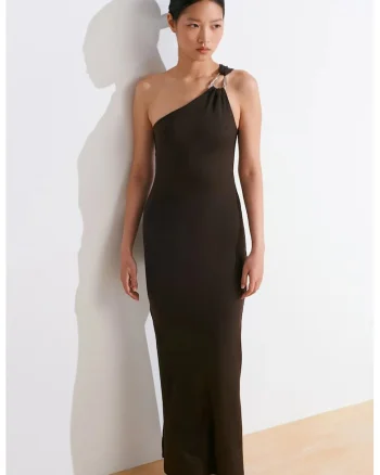Rochie Maxi Asimetrica,  Eleganta, Negru, 93% nailon, 7% elastan
