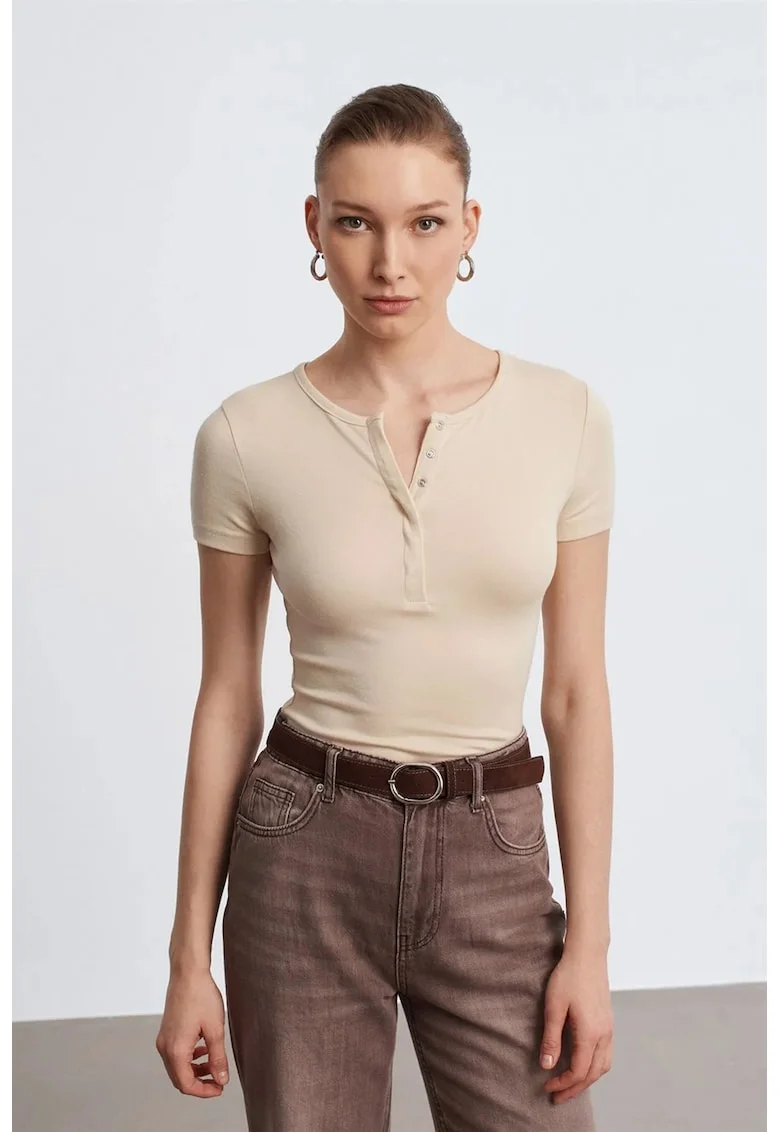 Bluze dama,  Bluza Slim Fit Crop, casual, bej natural, jerseu