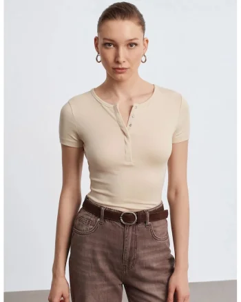 Bluze dama,  Bluza Slim Fit Crop, casual, bej natural, jerseu