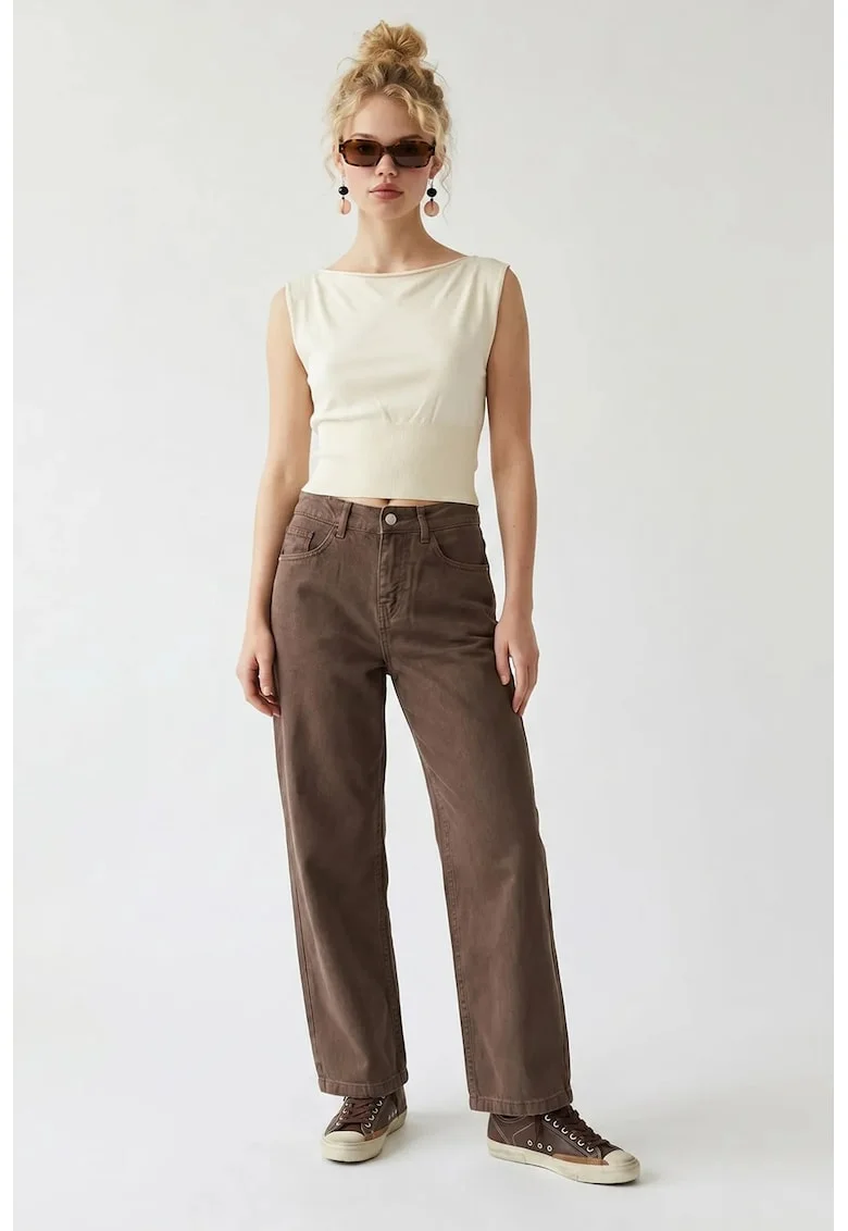Blugi dama,  talie inalta, croiala larga, maro cafea, denim
