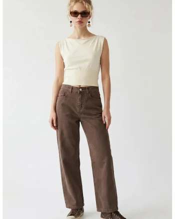 Blugi dama,  talie inalta, croiala larga, maro cafea, denim