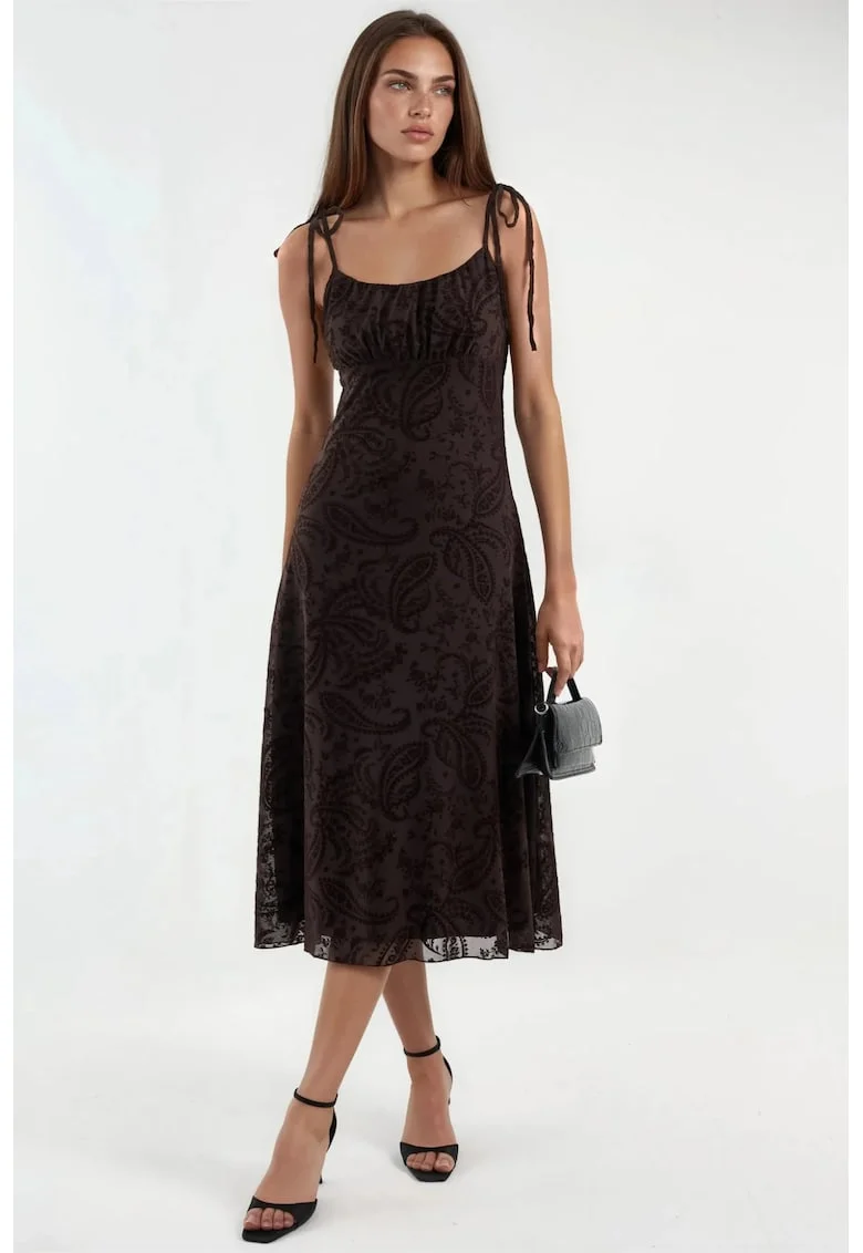 Rochie midi A-line  model floral, poliester, maro, Maro inchis