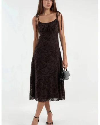 Rochie midi A-line  model floral, poliester, maro, Maro inchis