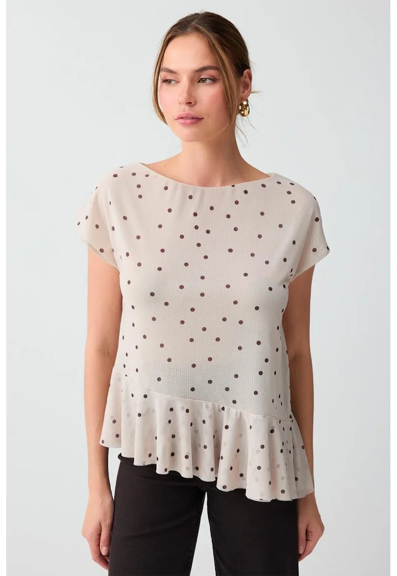 Bluza cu decolteu barcuta si buline, Maro cognac/Bej deschis