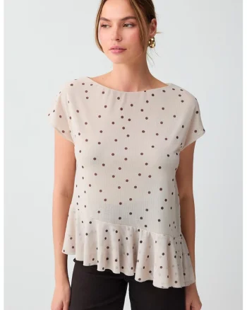 Bluza cu decolteu barcuta si buline, Maro cognac/Bej deschis