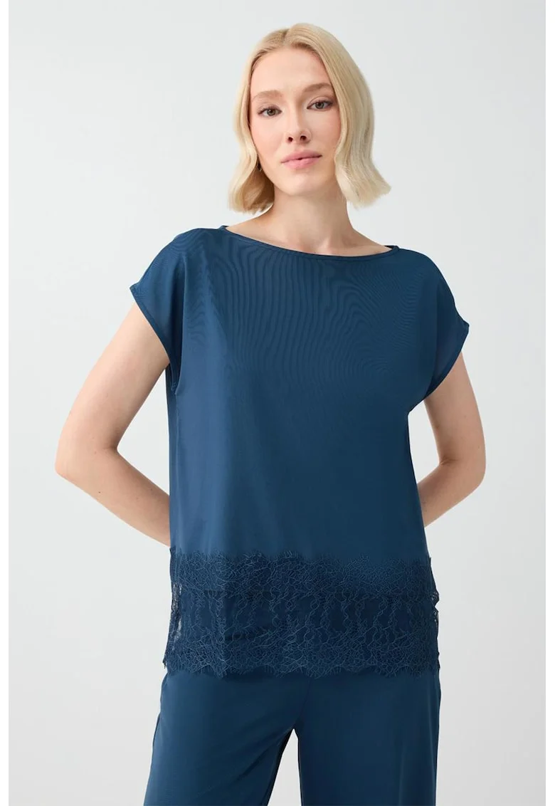 Bluza de satin cu decolteu barcuta, Albastru oceanic