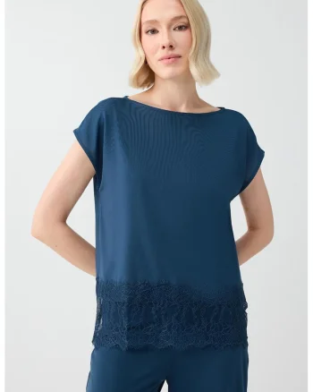 Bluza de satin cu decolteu barcuta, Albastru oceanic