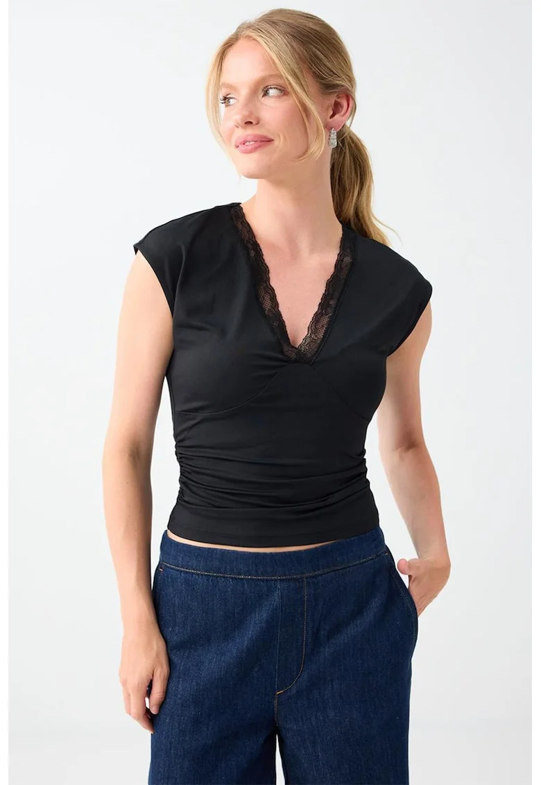 Bluza slim-fit cu decolteu in V, Negru