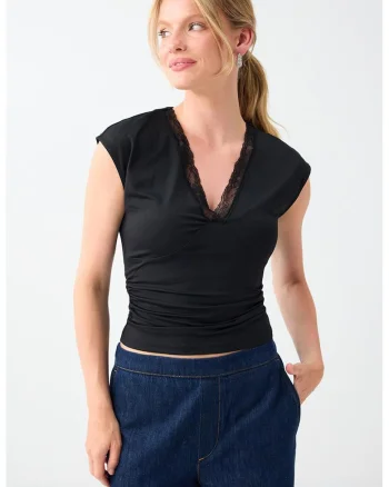 Bluza slim-fit cu decolteu in V, Negru