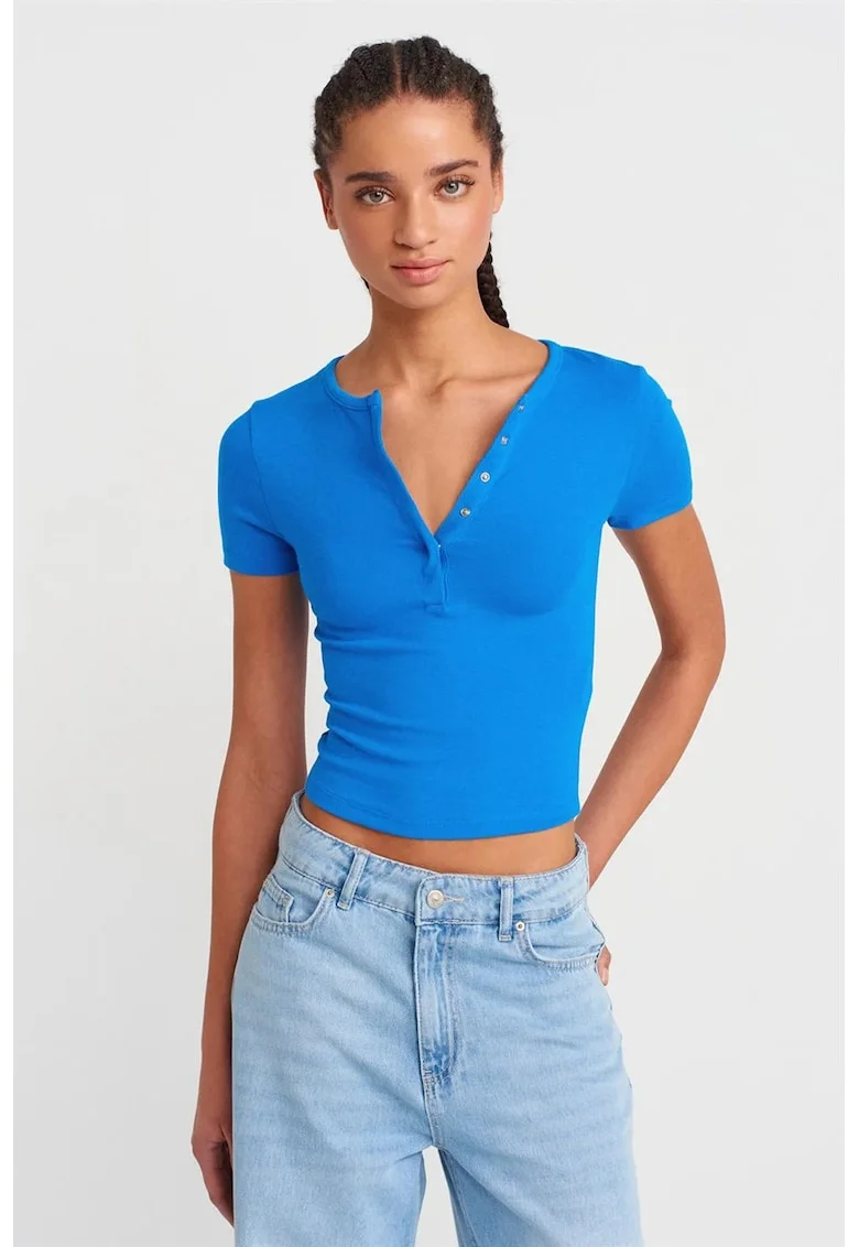 Tricou dama,  crop slim fit, albastru cobalt, bumbac-modal cu elastan