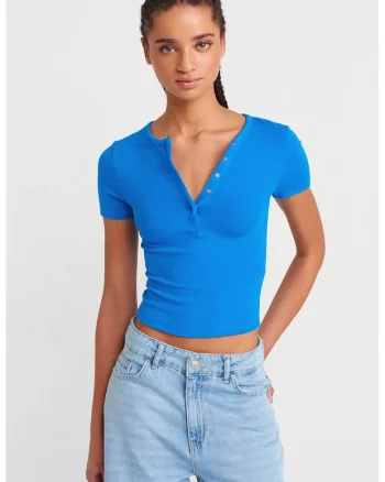 Tricou dama,  crop slim fit, albastru cobalt, bumbac-modal cu elastan