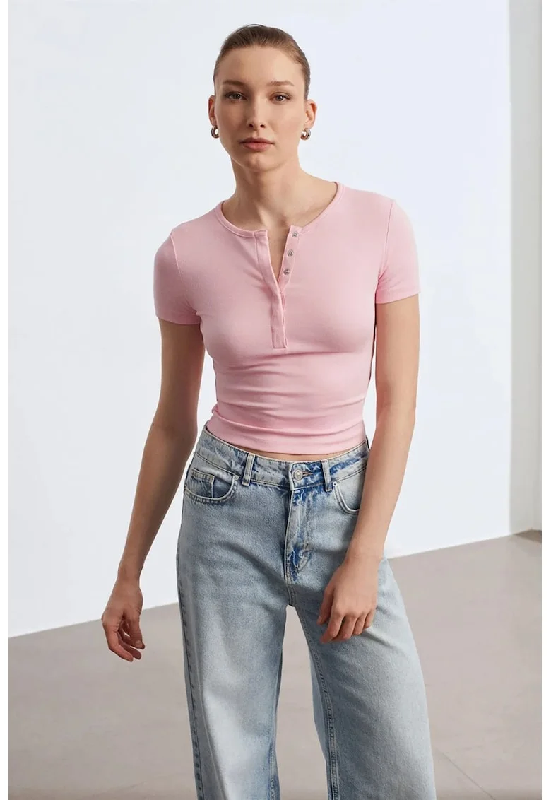Tricou dama,  Bluza Slim Fit Crop, roz pudra, jerseu, maneca scurta