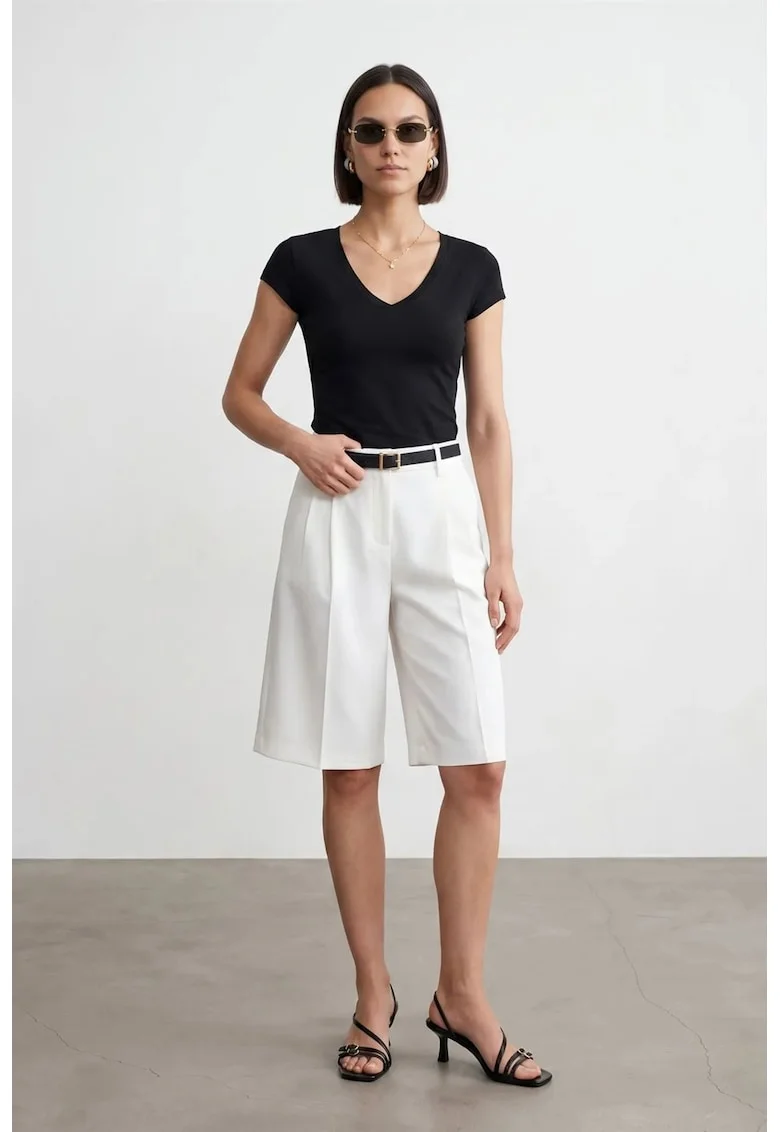 Bluze dama,  Bluza Slim Fit cu decolteu in V, negru, jerseu, maneca scurta, elastic