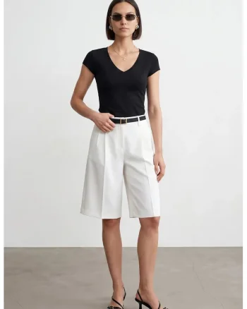 Bluze dama,  Bluza Slim Fit cu decolteu in V, negru, jerseu, maneca scurta, elastic