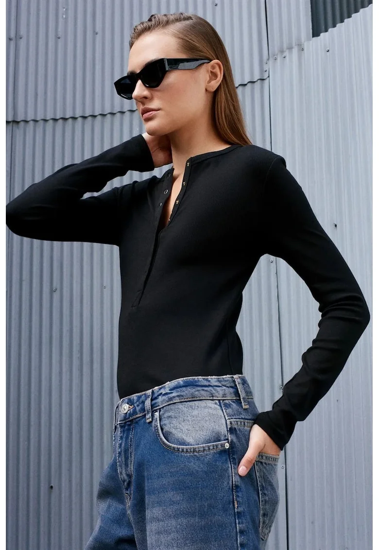 Bluza dama,  slim, negru, bumbac-modal-elastan, maneci lungi, nasturi