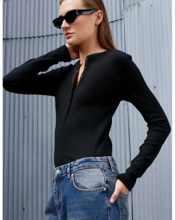 Bluza dama,  slim, negru, bumbac-modal-elastan, maneci lungi, nasturi