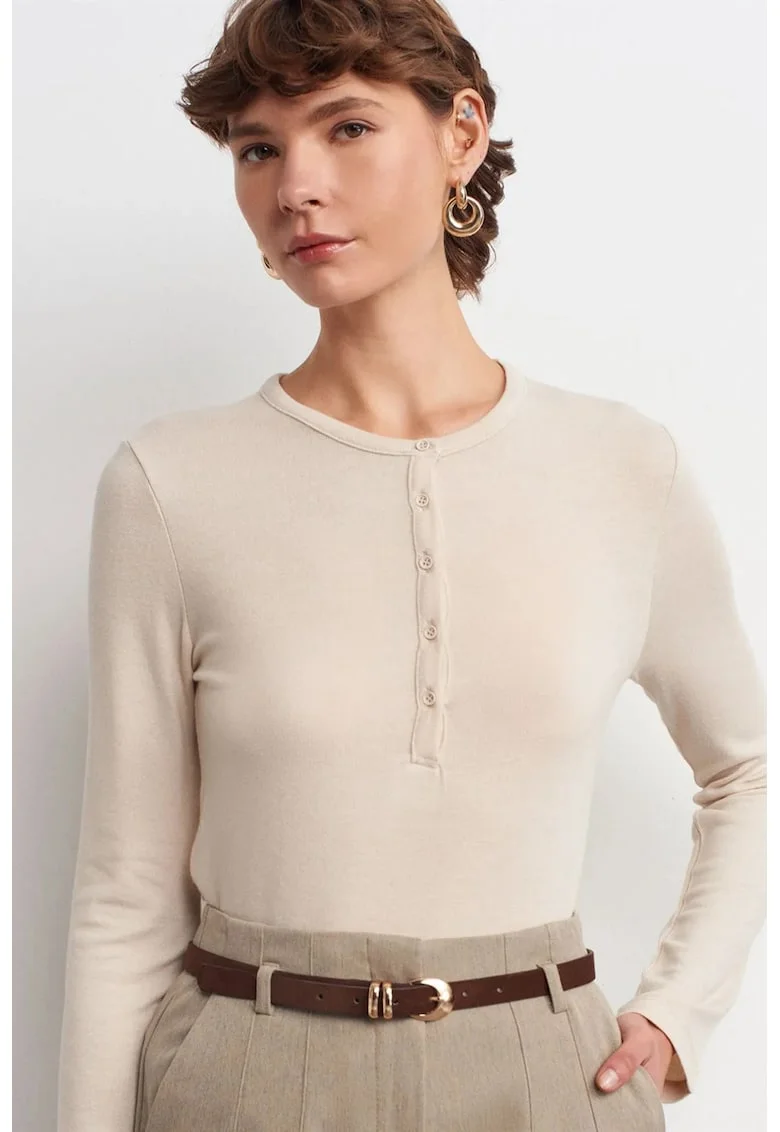 Bluza dama,  Bluza Slim Fit, decolteu in V, maneca lunga, Oatmeal Natural