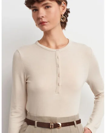 Bluza dama,  Bluza Slim Fit, decolteu in V, maneca lunga, Oatmeal Natural