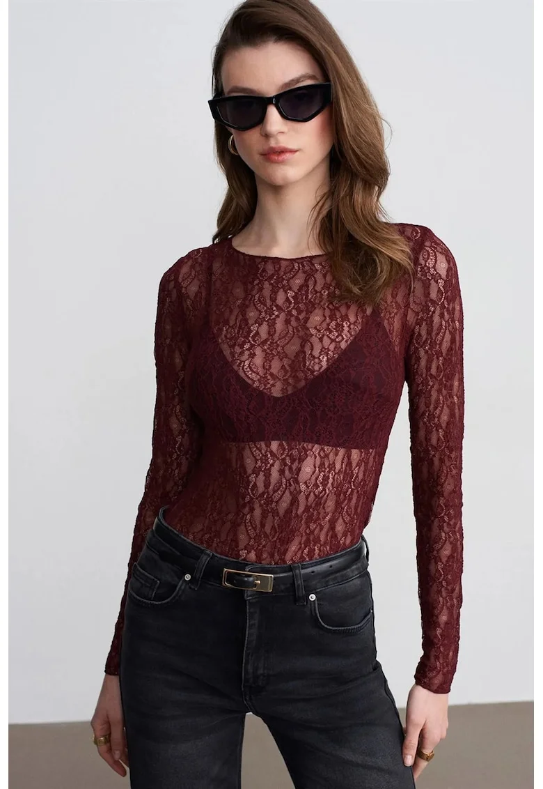 Bluza dama,  slim fit, decupaje, rosu burgundy, dantela