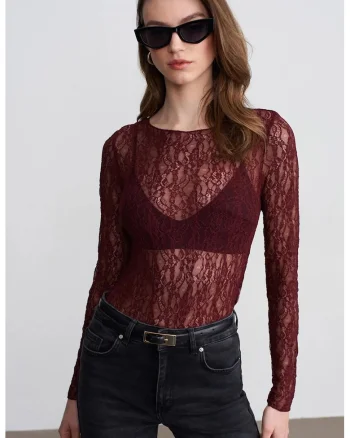 Bluza dama,  slim fit, decupaje, rosu burgundy, dantela