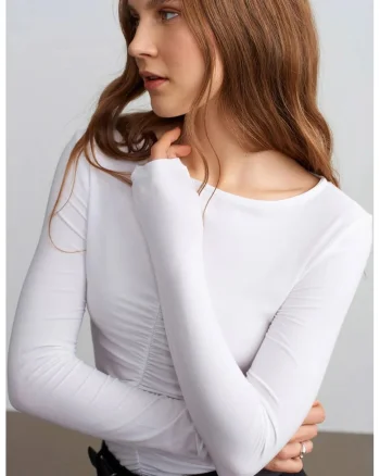 Bluza dama,  bluza cu maneca lunga, croiala slim fit, alb, drapaj