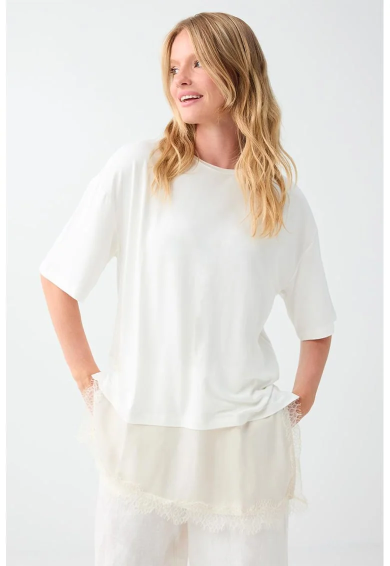 Tricou uni cu maneci cazute, Alb optic/Alb murdar