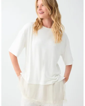 Tricou uni cu maneci cazute, Alb optic/Alb murdar