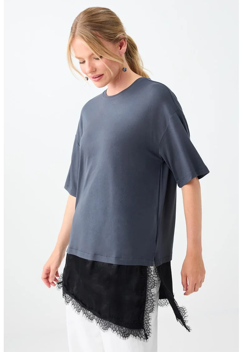 Tricou uni cu maneci cazute, Negru/Gri carbune
