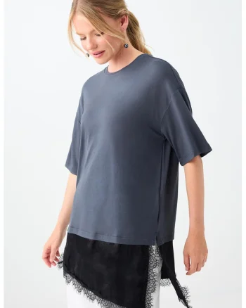 Tricou uni cu maneci cazute, Negru/Gri carbune