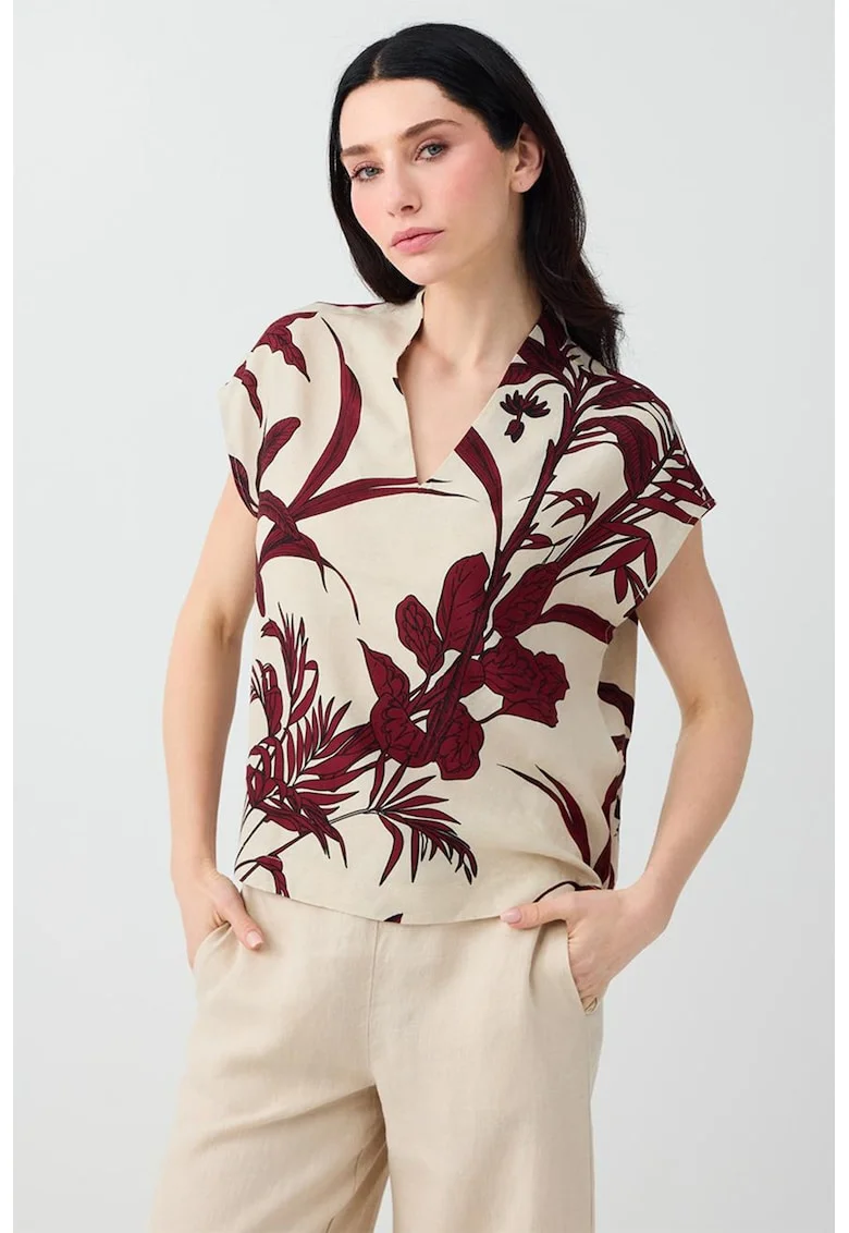 Bluza din amestec de in cu decolteu in V, Visiniu inchis/Bej deschis