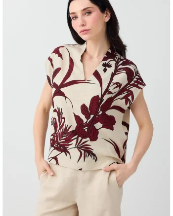 Bluza din amestec de in cu decolteu in V, Visiniu inchis/Bej deschis