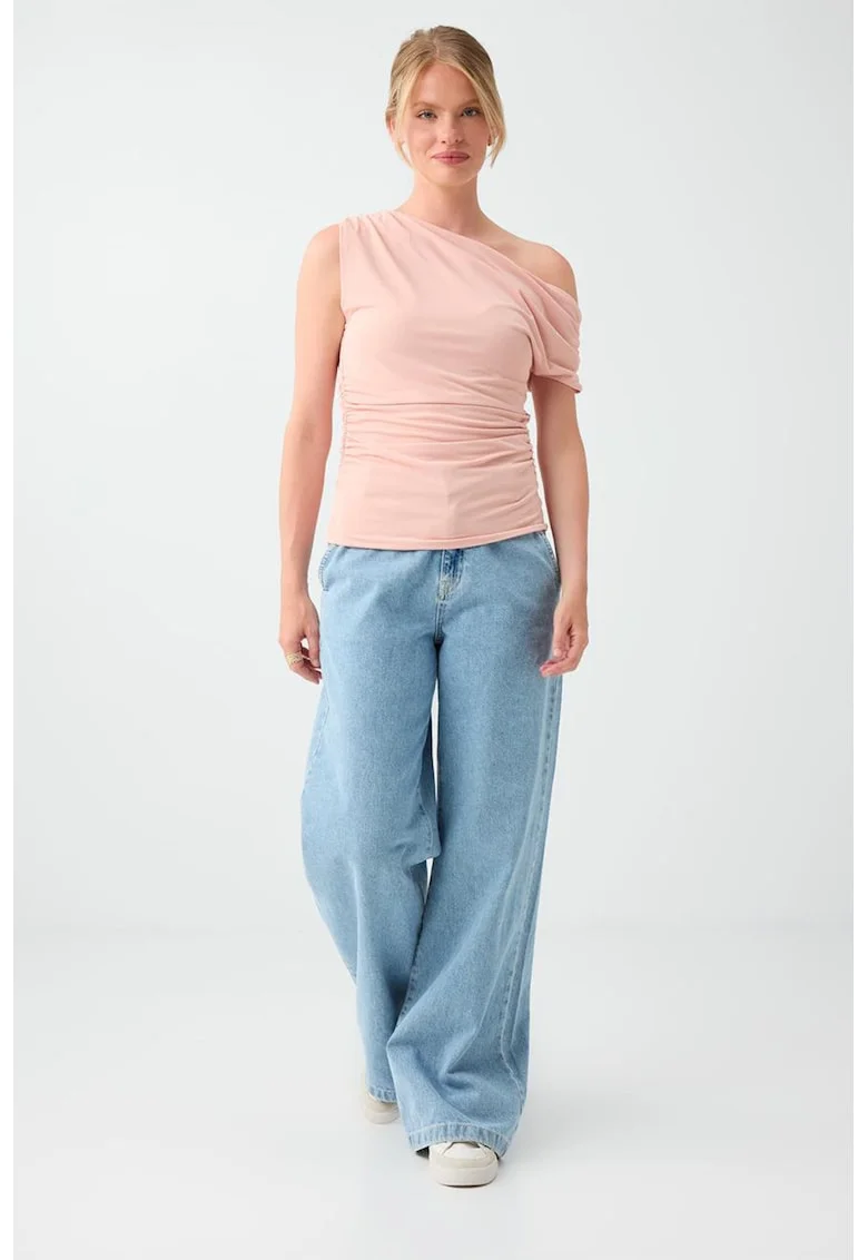 Bluza drapata cu decolteu asimetric, Nude rose