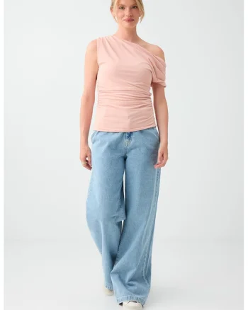 Bluza drapata cu decolteu asimetric, Nude rose
