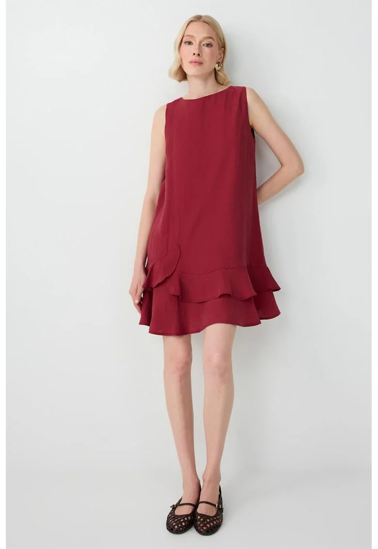 Rochie din amestec de modal cu terminatie cu volane, Rosu inchis
