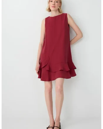 Rochie din amestec de modal cu terminatie cu volane, Rosu inchis