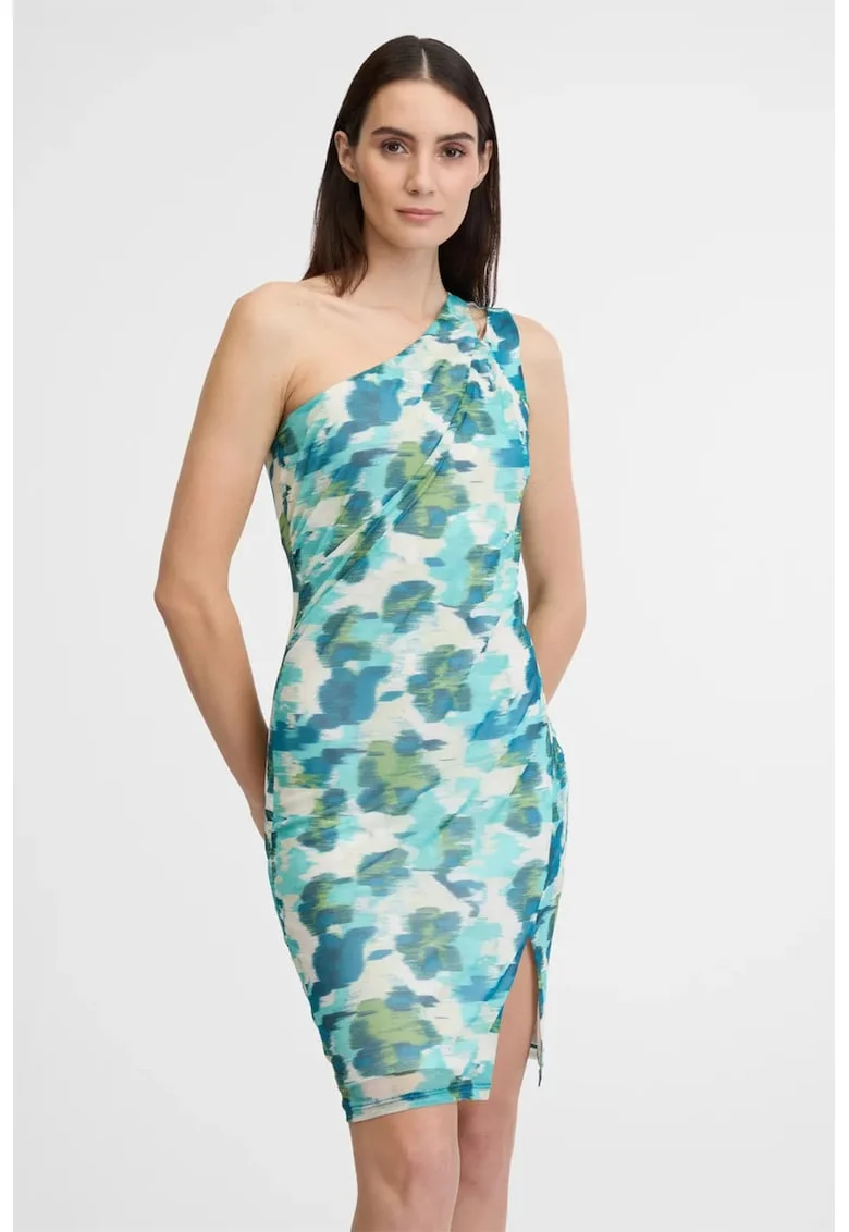 Rochie creion cu decolteu pe un umar, Multicolor