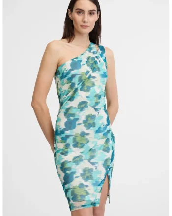 Rochie creion cu decolteu pe un umar, Multicolor