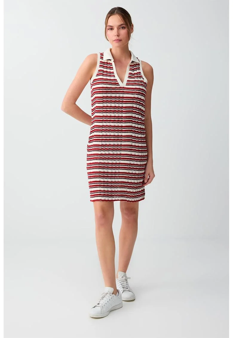 Rochie cu decolteu in V si dungi, Violet/Rosu inchis/Alb optic