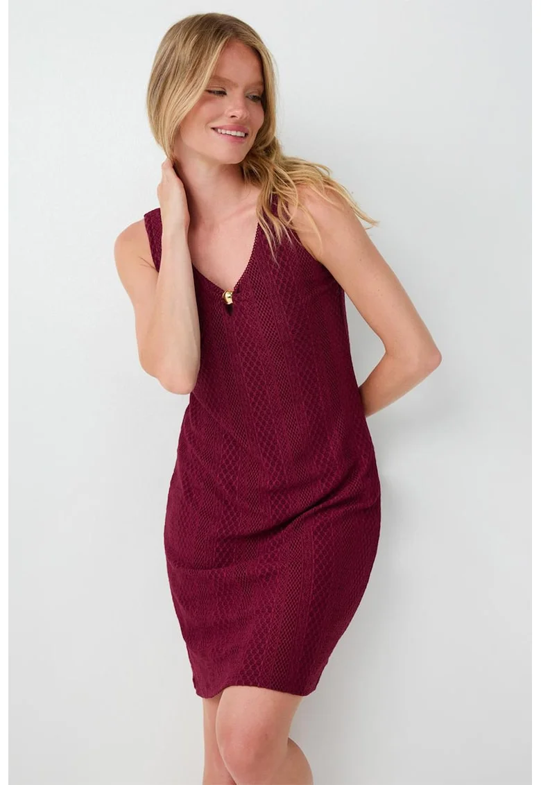 Rochie cu decolteu in V si detaliu metalic, Visiniu