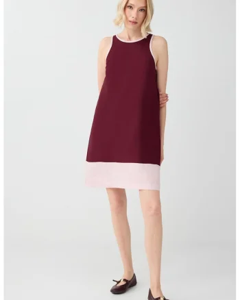 Rochie scurta din in cu croiala dreapta, Visiniu inchis/Roz pal