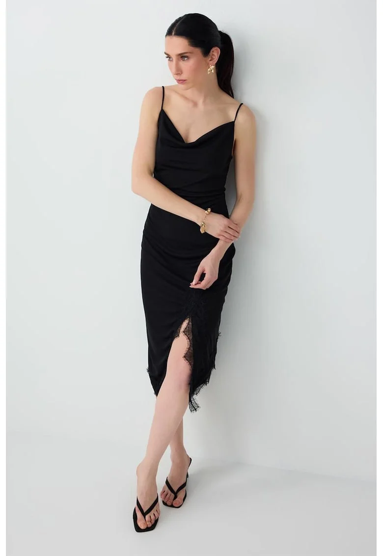 Rochie cu insertie din dantela si slit, Negru