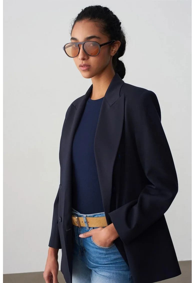Sacou lung supradimensionat,  bleumarin, amestec de crep, cu maneci lungi, inchidere cu nasturi