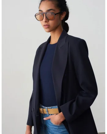 Sacou lung supradimensionat,  bleumarin, amestec de crep, cu maneci lungi, inchidere cu nasturi