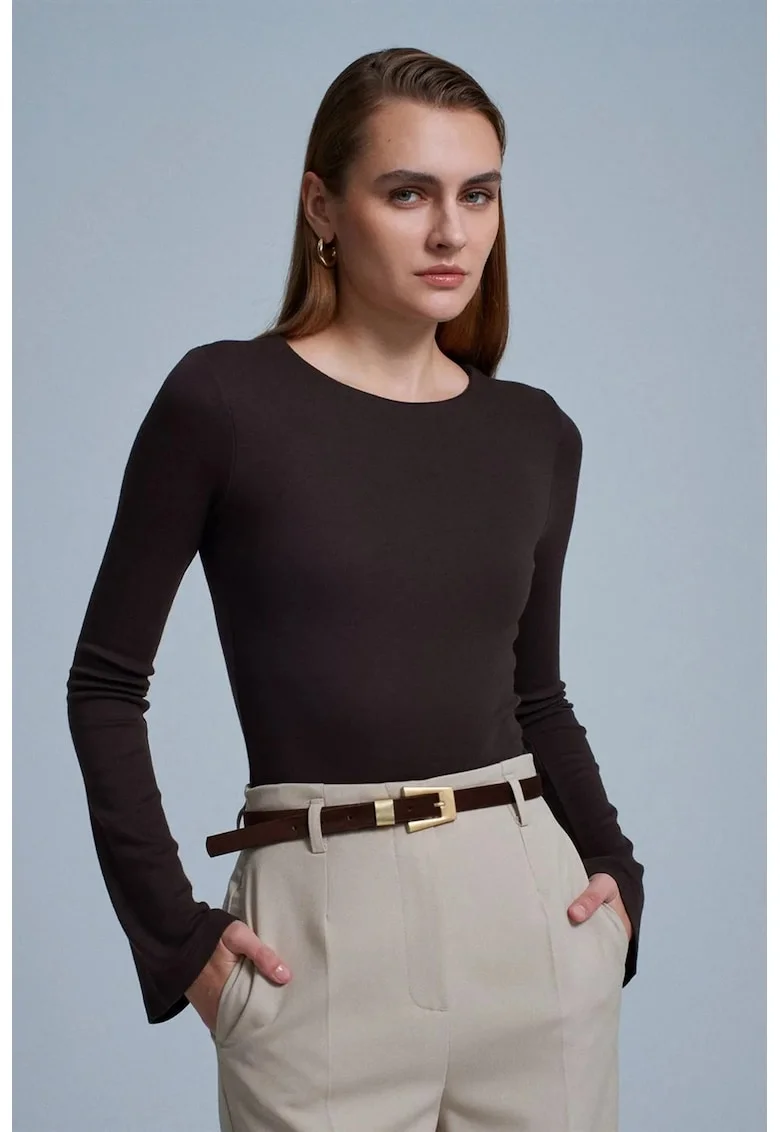 Bluza  slim fit, maneca lunga, maro, bumbac/modal/elastan