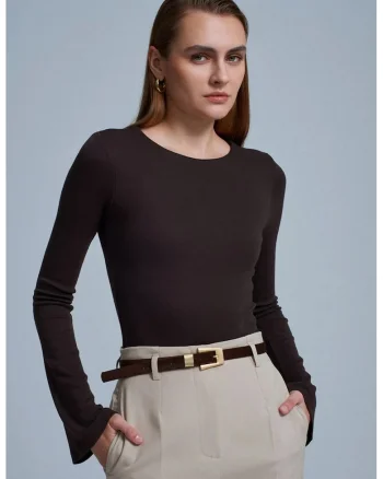Bluza  slim fit, maneca lunga, maro, bumbac/modal/elastan