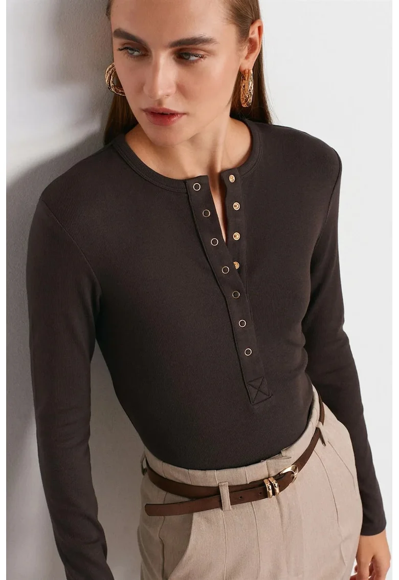 Bluze dama,  Bluza cu guler rotund si nasturi, Gri antracit, Bumbac-modal-elastan