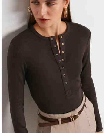 Bluze dama,  Bluza cu guler rotund si nasturi, Gri antracit, Bumbac-modal-elastan