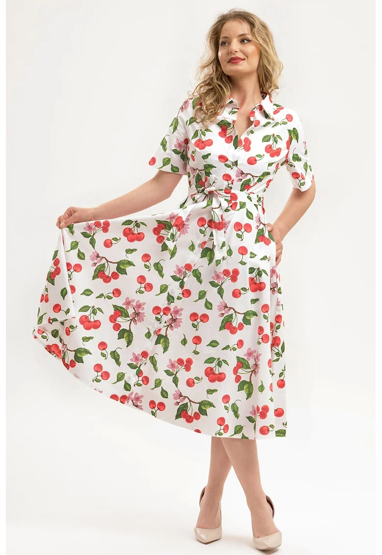 Rochie-camasa midi evazata cu buzunare laterale, Rosu/Alb optic/Verde feriga