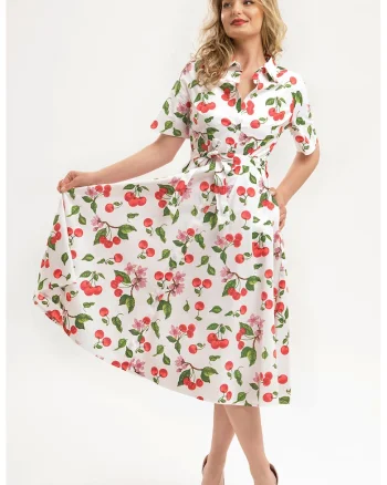 Rochie-camasa midi evazata cu buzunare laterale, Rosu/Alb optic/Verde feriga